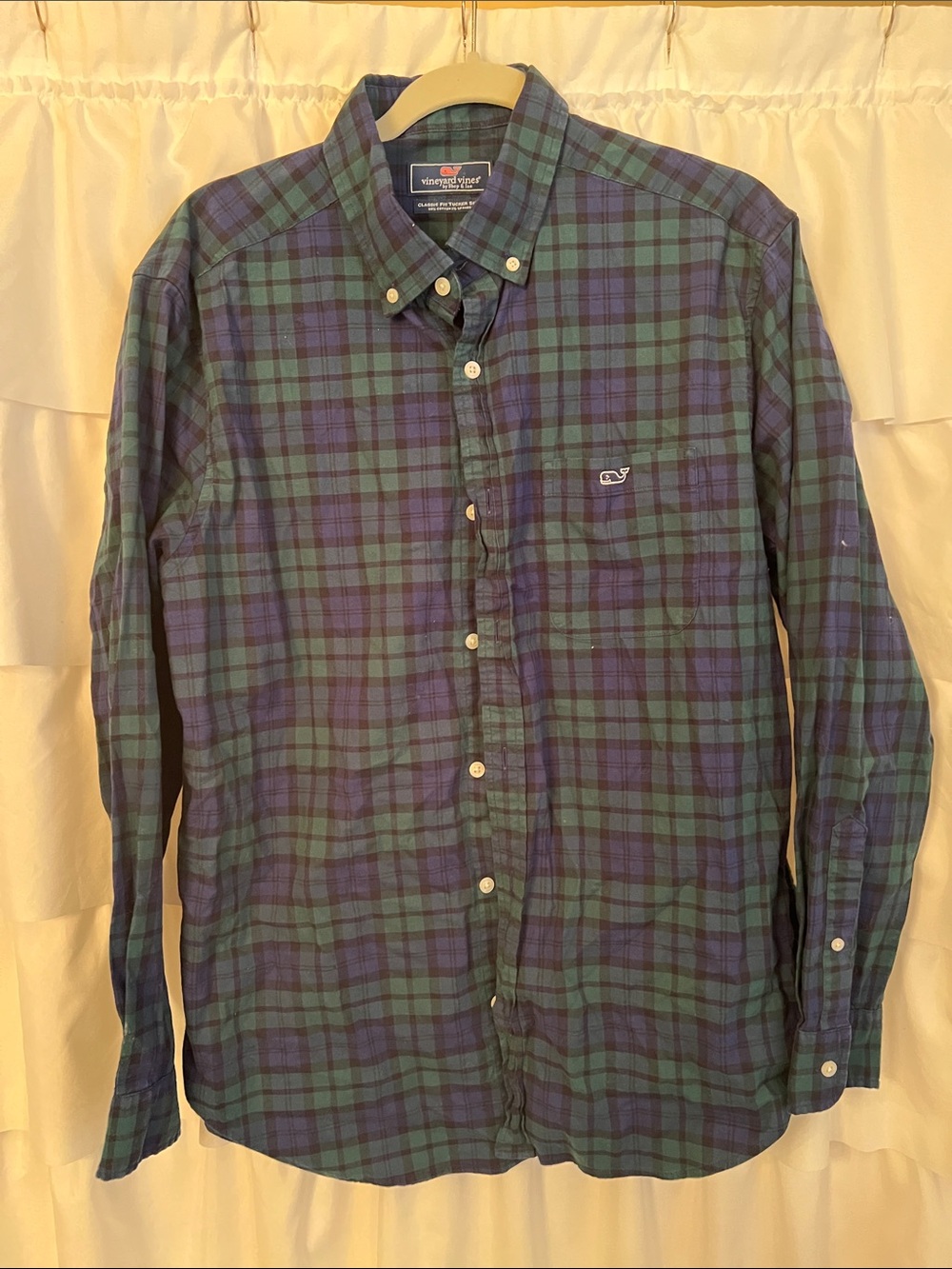 Vineyard Vines Blue and Green Plaid Button-Down Shirt Large